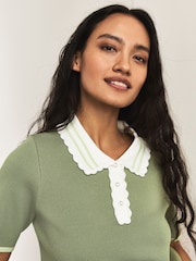 Khaki Green Short Sleeve Frill Polo Knitted Top - Image 4 of 7