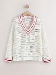 Akzentsreifen, Ecru - Cotton Rich V-Neck Mesh Knitted Jumper - Bild 1 von 3