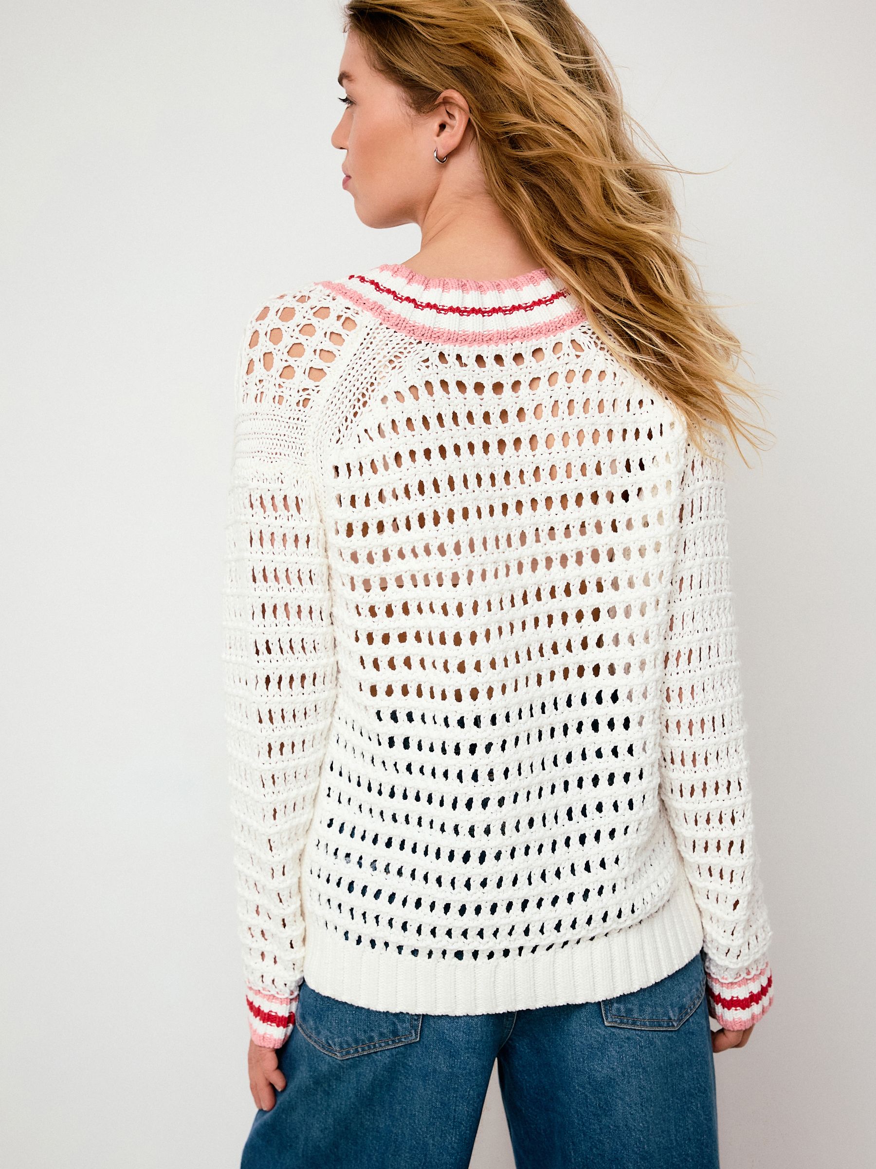 Buy Ecru Tipped Cotton Rich V-Neck Mesh Knitted Jumper from the