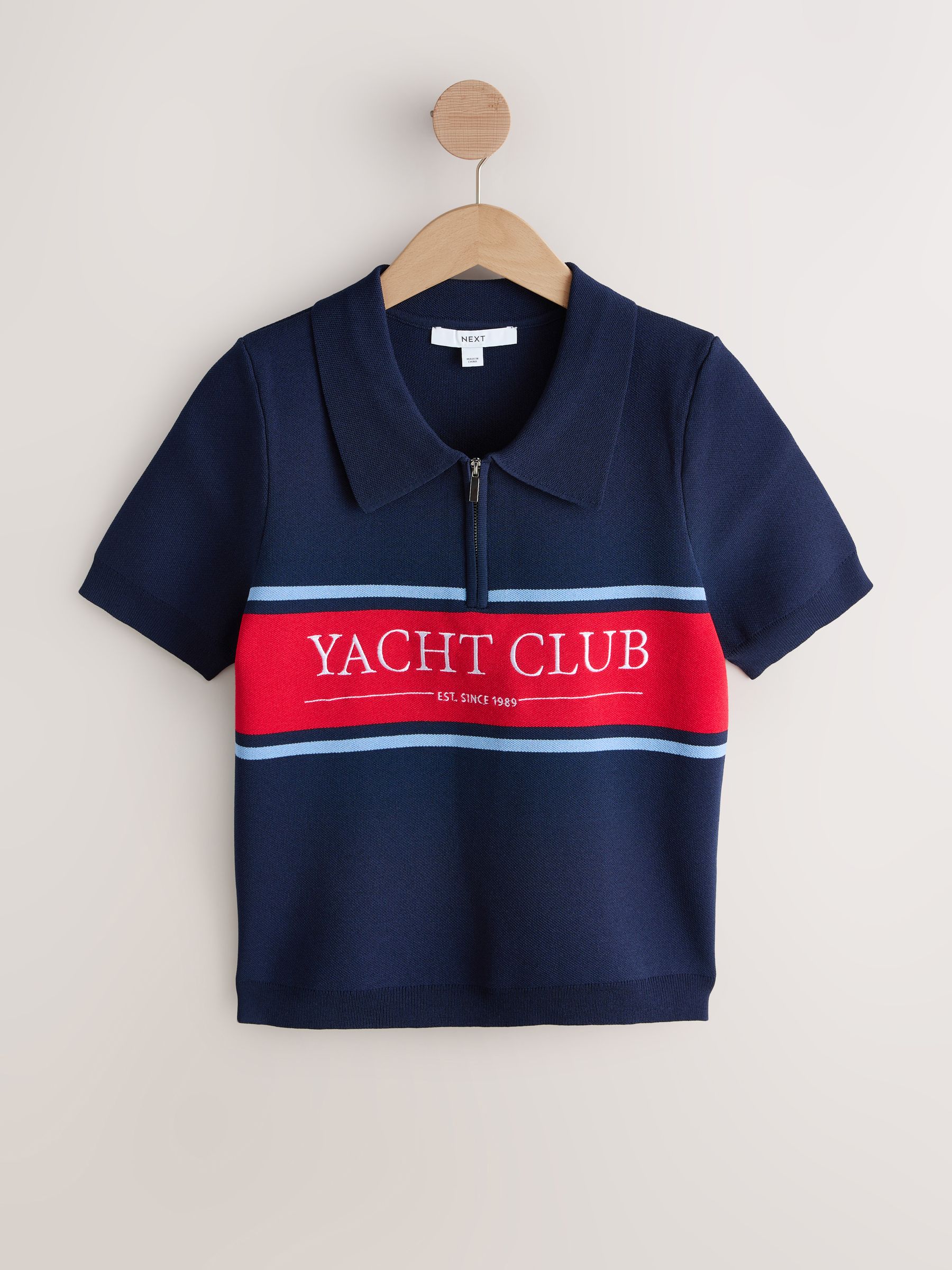 Buy Navy/Red Graphic Zip Neck Knitted Polo Top from Next USA