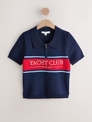 Navy/Red Graphic - Strick-Poloshirt mit Reißverschlusskragen - Bild 5 von 7