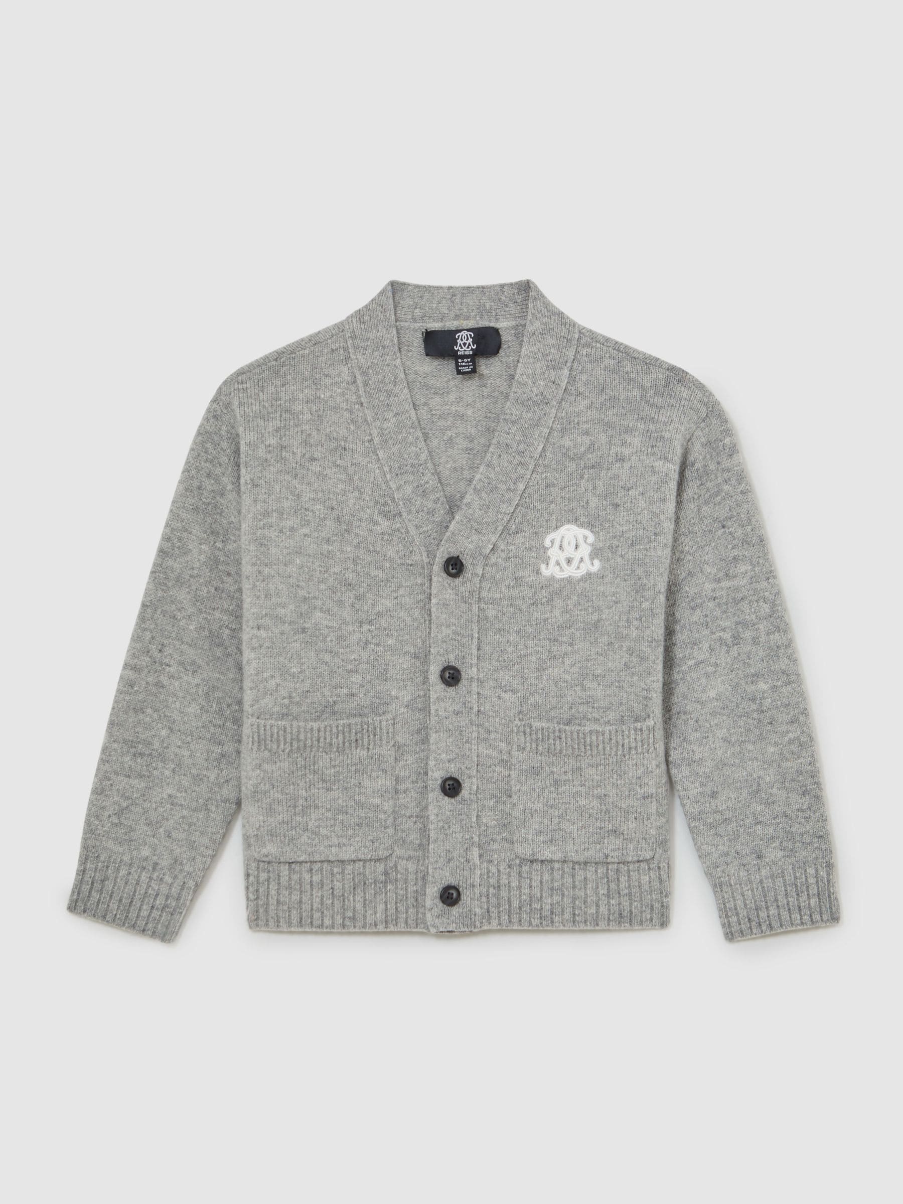 Reiss Soft Grey Melange Norris Monogram Relaxed Wool-blend Cardigan In Gray