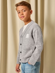 Reiss Soft Grey Melange Norris 3-9 yrs Monogram Relaxed Wool-Blend Cardigan - Image 1 of 5