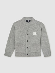 Reiss Soft Grey Melange Norris 3-9 yrs Monogram Relaxed Wool-Blend Cardigan - Image 2 of 5