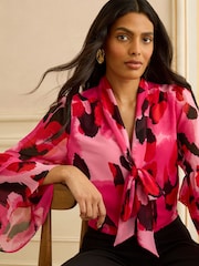 Love & Roses Pink Animal Petite 3/4 Flute Sleeve Pussybow Blouse - Image 2 of 4