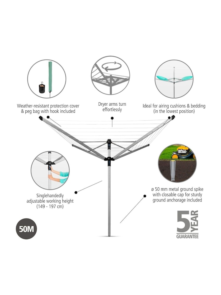Brabantia Metallic Grey Lift-O-Matic Advance Rotary Dryer Airer with Accessories - Image 2 of 6 Brabantia Metallic Grey Lift-O-Matic Advance Rotary Dryer Airer with Accessories - Image 2 of 6