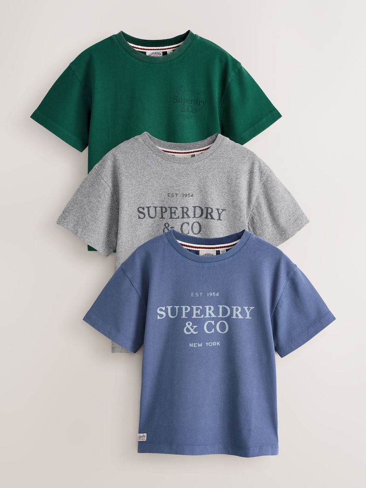 Superdry Green/Blue T-Shirts 3 Pack - Image 1 of 8 Superdry Green/Blue T-Shirts 3 Pack - Image 1 of 8