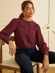 Love & Roses Burgundy Red Long Sleeve Frill Collar Blouse - Image 1 of 4