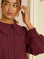 Love & Roses Burgundy Red Long Sleeve Frill Collar Blouse - Image 2 of 4