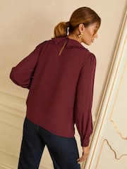 Love & Roses Burgundy Red Long Sleeve Frill Collar Blouse - Image 4 of 4