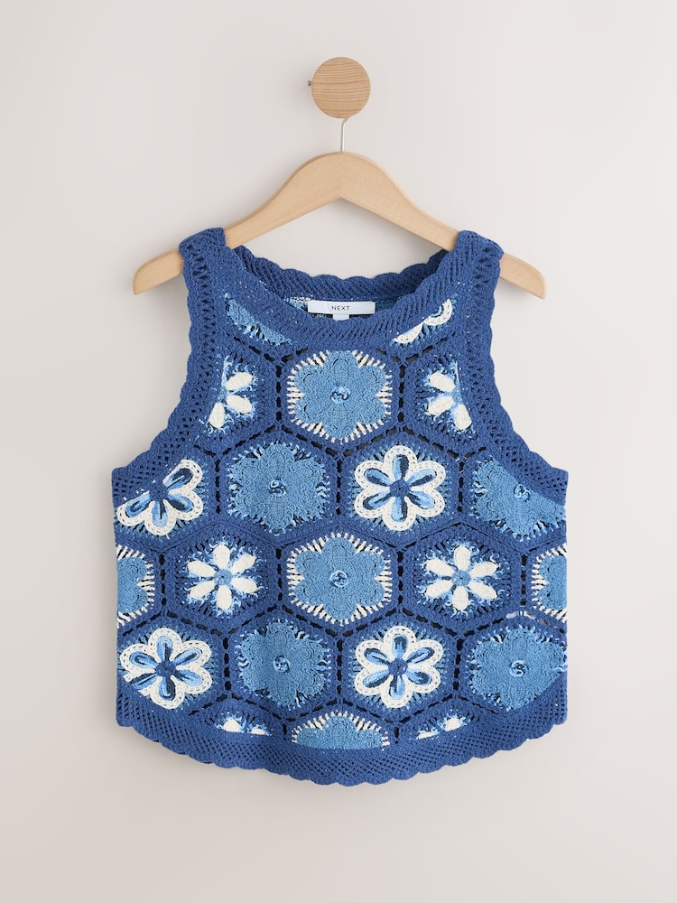Blue Multi Crochet Knit Floral Tank - Image 1 of 3