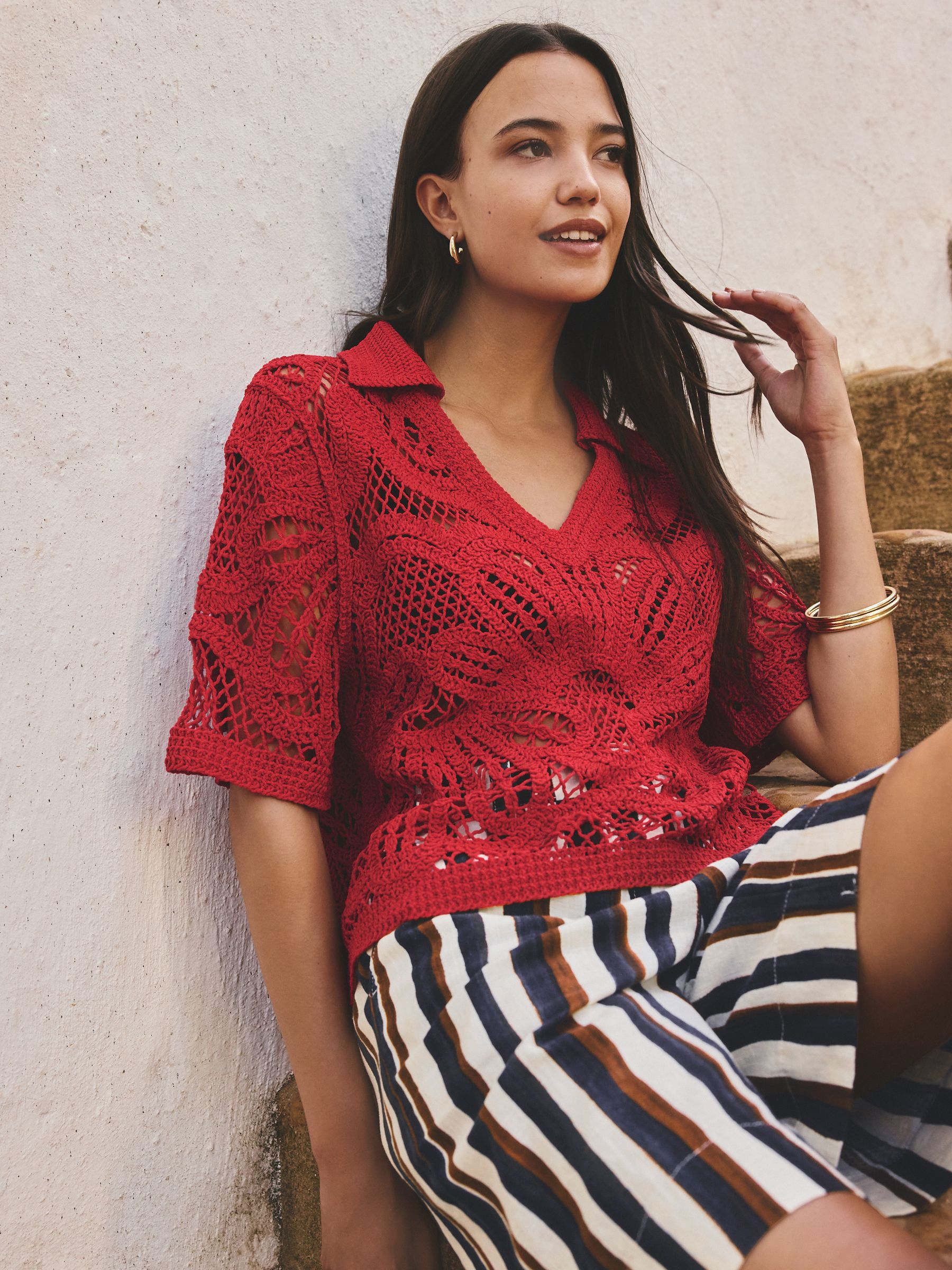 トップス Rosie flower knit tops red Buy Red Crochet Knit Open Neck Polo Top from the Next UK online shop