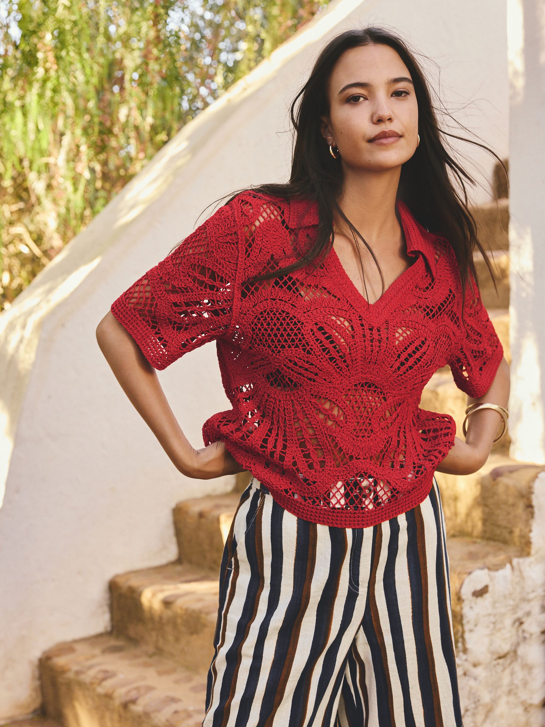 Buy Red Crochet Knit Open Neck Polo Top from the Next UK online shop
