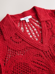 Red Crochet Knit Open Neck Polo Top - Image 2 of 3
