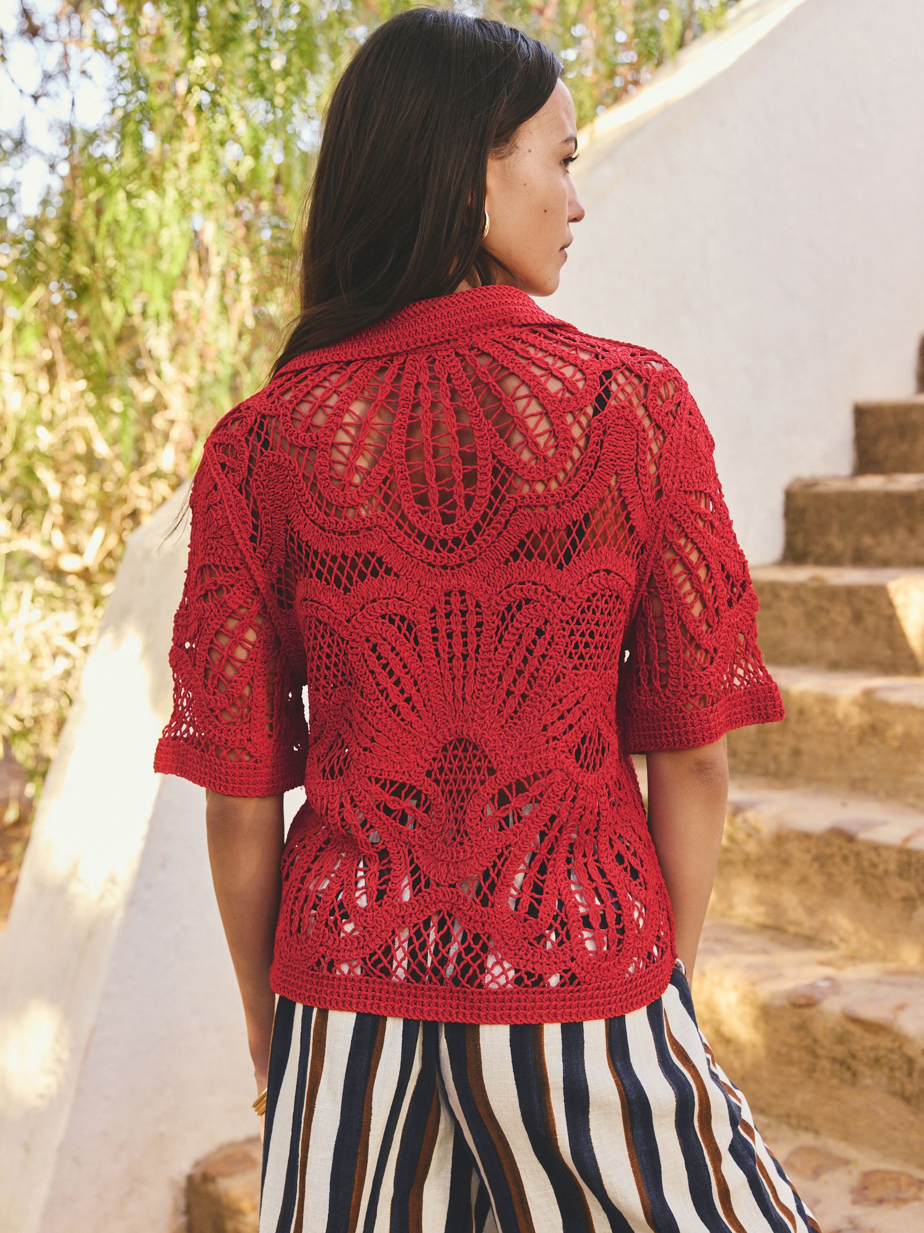 Buy Red Crochet Knit Open Neck Polo Top from the Next UK online shop