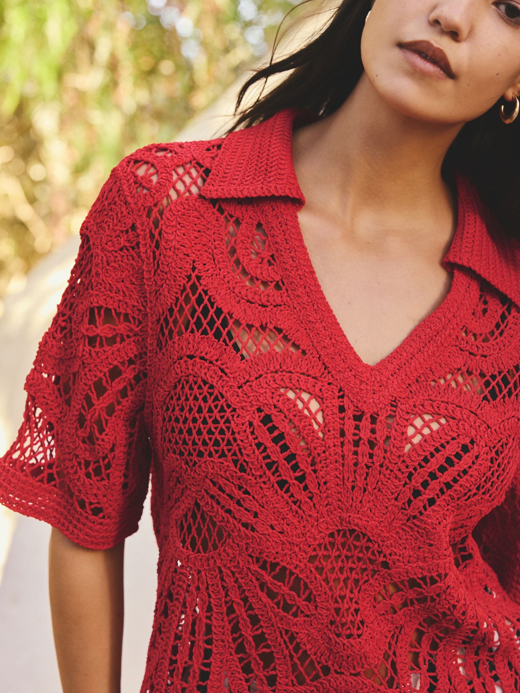 Buy Red Crochet Knit Open Neck Polo Top from Next USA