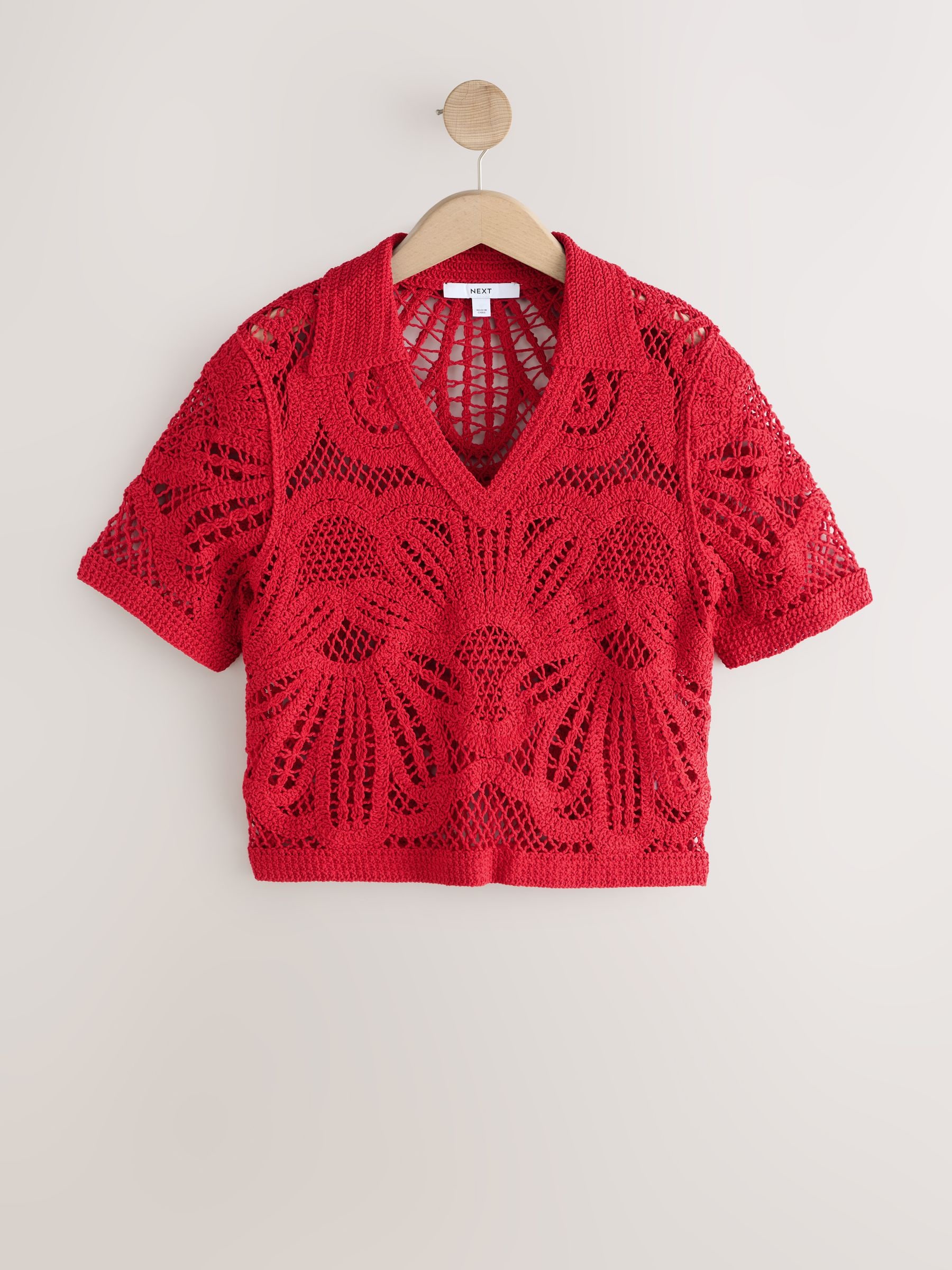 Buy Red Crochet Knit Open Neck Polo Top from Next USA