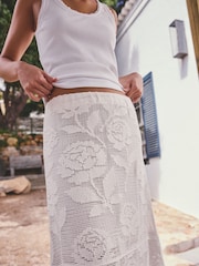 White Floral Crochet Cotton Rich Midi Skirt - Image 5 of 8