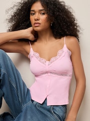 Pink V-Neck Ribbed Lace Trim Vest - Image 1 of 8