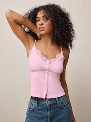 Pink V-Neck Ribbed Lace Trim Vest - Image 2 of 8