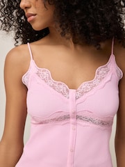 Pink V-Neck Ribbed Lace Trim Vest - Image 5 of 8