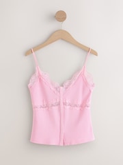 Pink V-Neck Ribbed Lace Trim Vest - Image 6 of 8