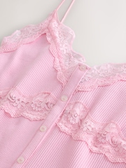 Pink V-Neck Ribbed Lace Trim Vest - Image 7 of 8