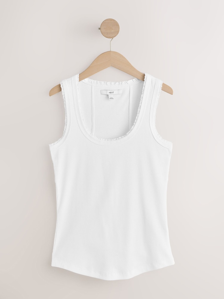 White Contrast Stitch Premium Ribbed Scoop Tank Vest Sleeveless Top - Image 1 of 3