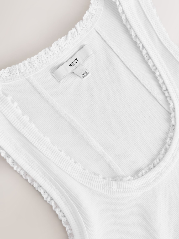 White Contrast Stitch Premium Ribbed Scoop Tank Vest Sleeveless Top - Image 2 of 3