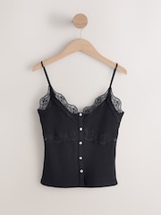 Black V-Neck Ribbed Lace Trim Vest - Image 6 of 8