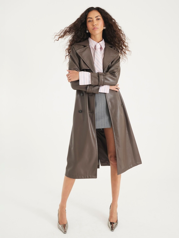 River Island Brown Faux Leather Trench Jacket - Image 1 of 4