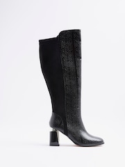 River Island Black Wide Fit Metal Heel Knee High Boots - Image 1 of 5