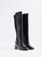River Island Black Wide Fit Metal Heel Knee High Boots - Image 2 of 5