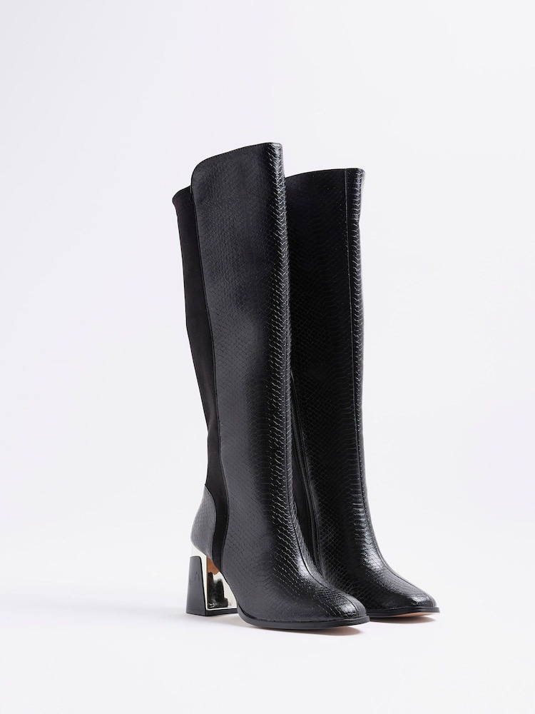 River Island Black Wide Fit Metal Heel Knee High Boots - Image 2 of 5