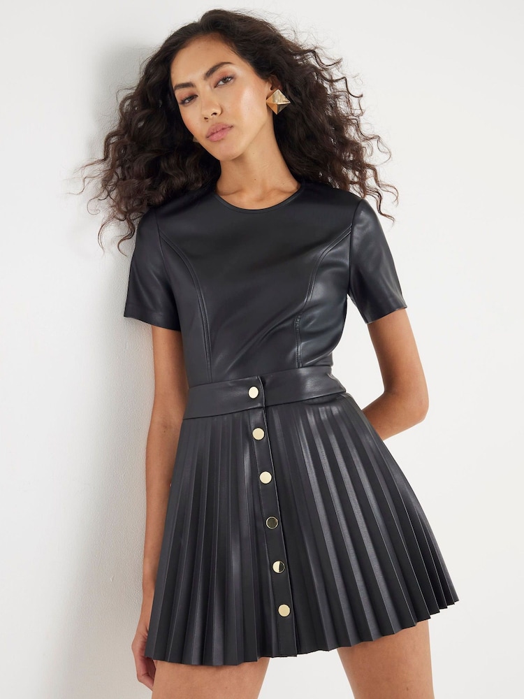 River Island Black Faux Leather Button Front Pleated Mini Skirt - Image 1 of 4