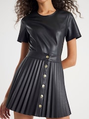 River Island Black Faux Leather Button Front Pleated Mini Skirt - Image 4 of 4