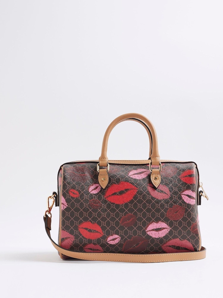 River Island Brown Morgan  Collab Lips Print Bowler Bag - Image 2 of 6