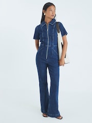 River Island Blue Petite Seamed Zip Denim Jumpsuit - Image 1 of 4