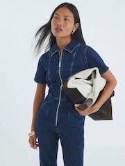 River Island Blue Petite Seamed Zip Denim Jumpsuit - Image 3 of 4