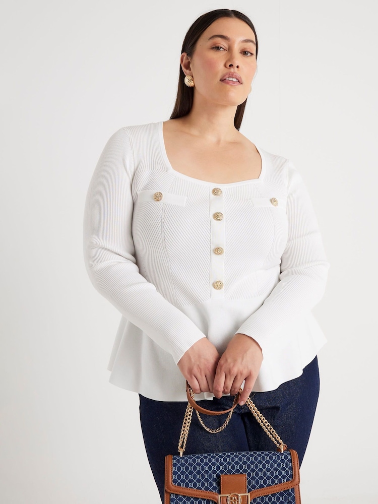 River Island White Long Sleeve Button Front Peplum Top - Image 1 of 6