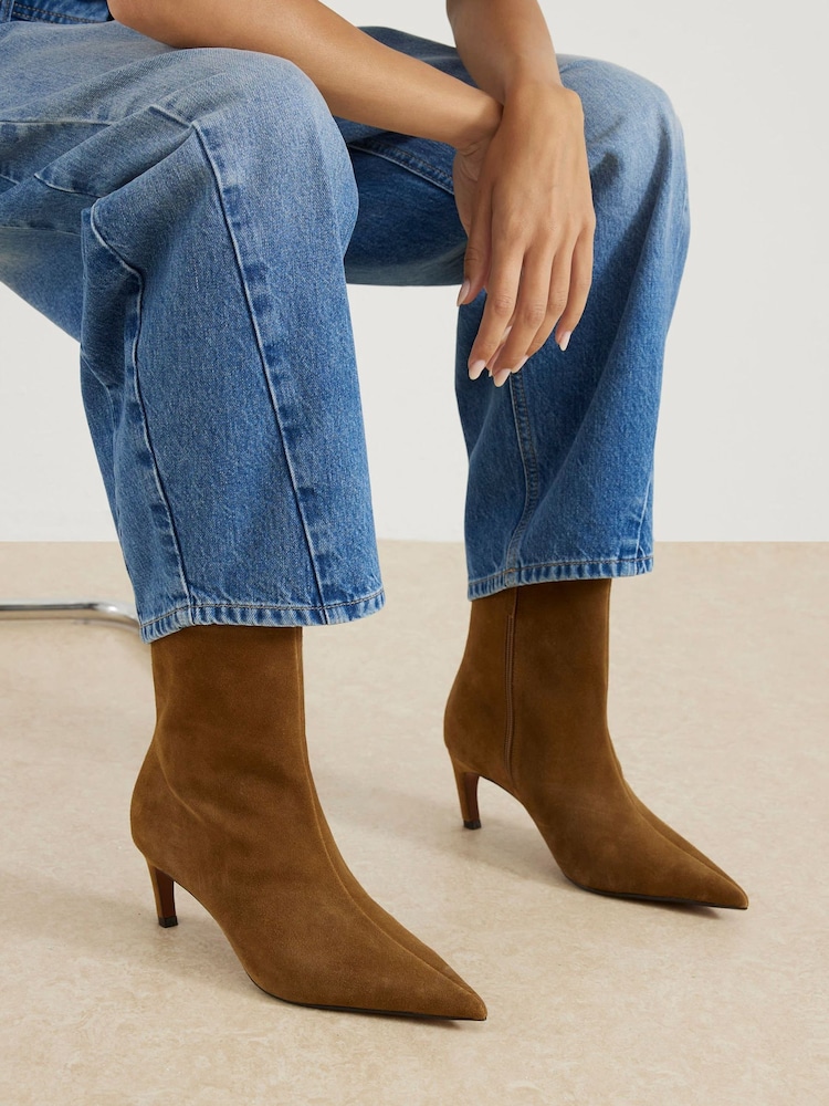 River Island Brown Pointed Toe Kitten Heel Boots - Image 1 of 5