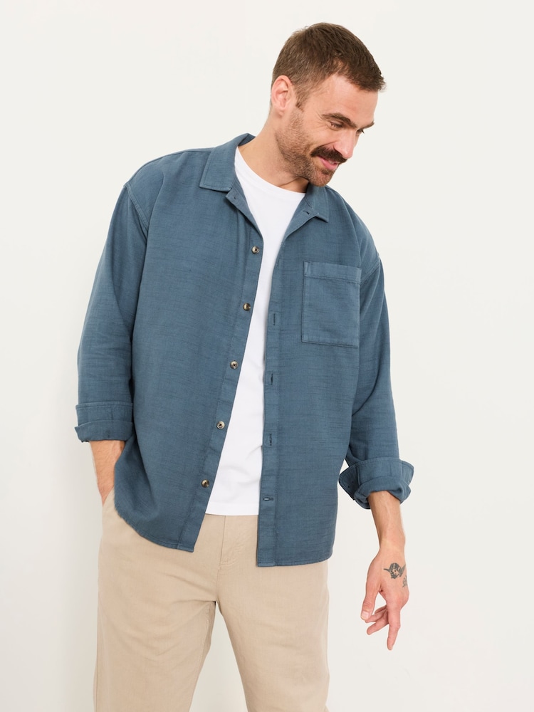 FatFace Salcombe Relaxed Fit French Navy Long Sleeve Garment Dye Shirt - Image 1 of 6