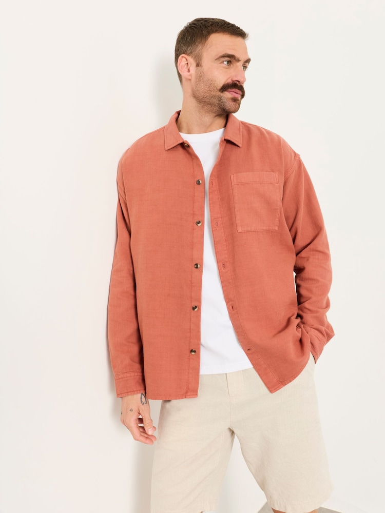 FatFace Salcombe Relaxed Fit Dusky Orange Long Sleeve Garment Dye Shirt - Image 1 of 6