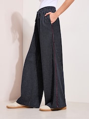 Friends Like These Navy Petite Pinstripe Elasticated Waist Wide Leg Trousers - Image 1 of 4
