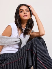 Friends Like These Navy Petite Pinstripe Elasticated Waist Wide Leg Trousers - Image 3 of 4