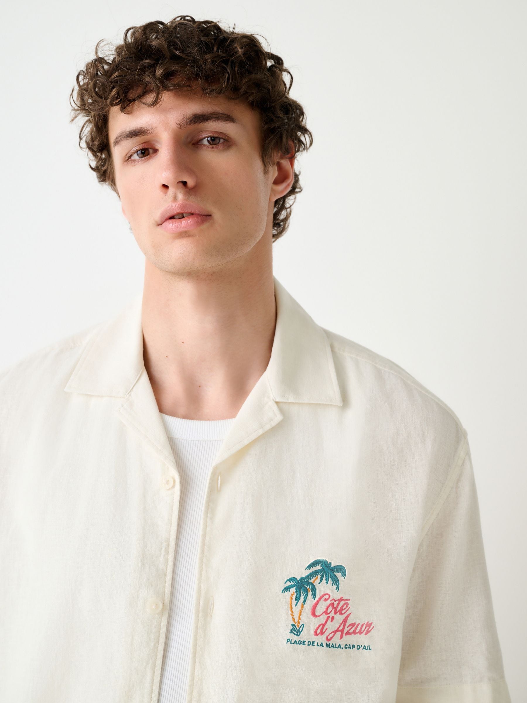 Buy Ecru Cote d' Azur Relaxed Fit Back Print Linen Blend Short