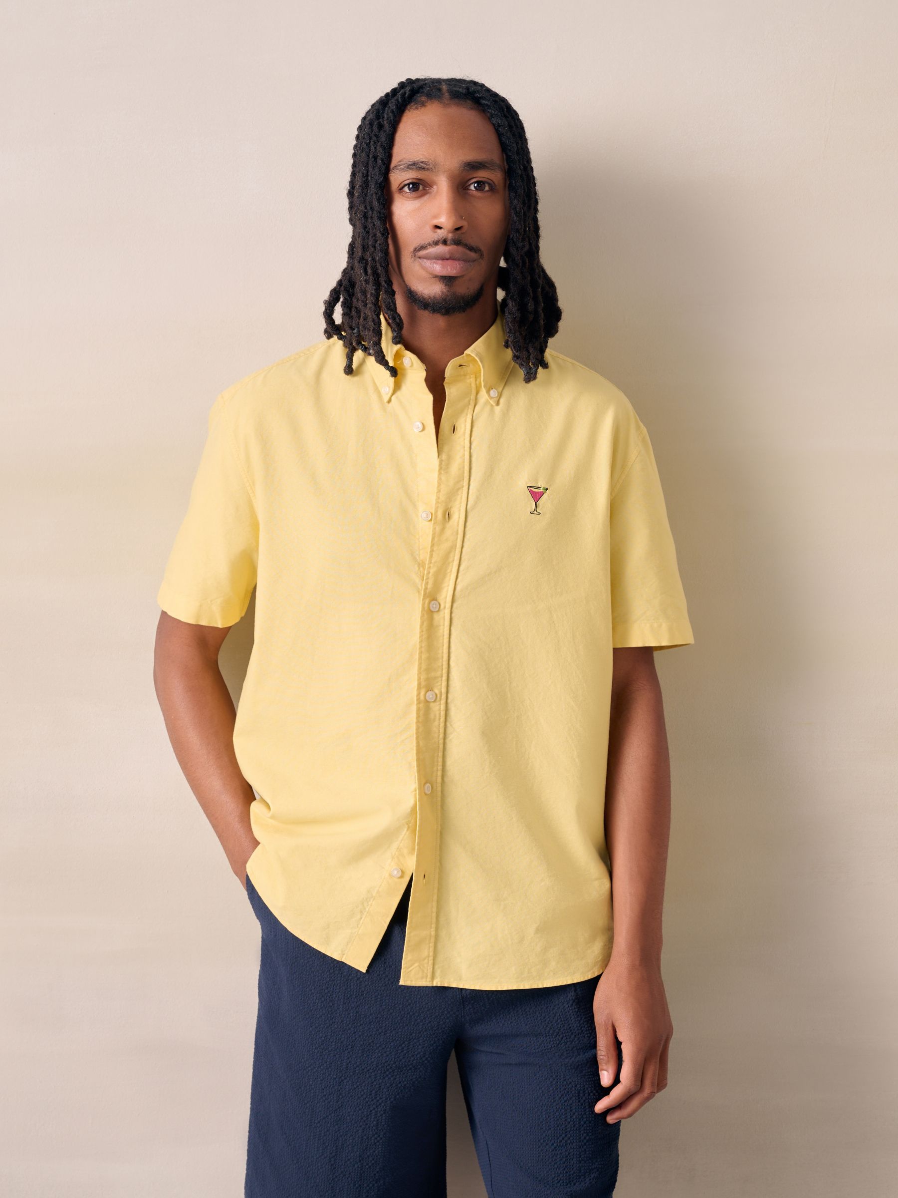 Buy Yellow Embroidered Light Weight Oxford Short Sleeve Shirts