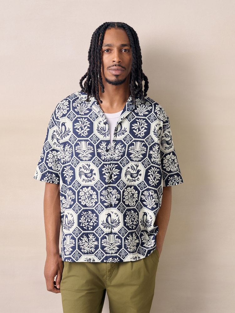 Navy Bird Jaquard Print Short Sleeve Shirt - Image 1 of 7