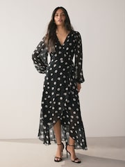Black/White Spot Occasion Long Sleeve Wrap Midi Dress - Image 1 of 8
