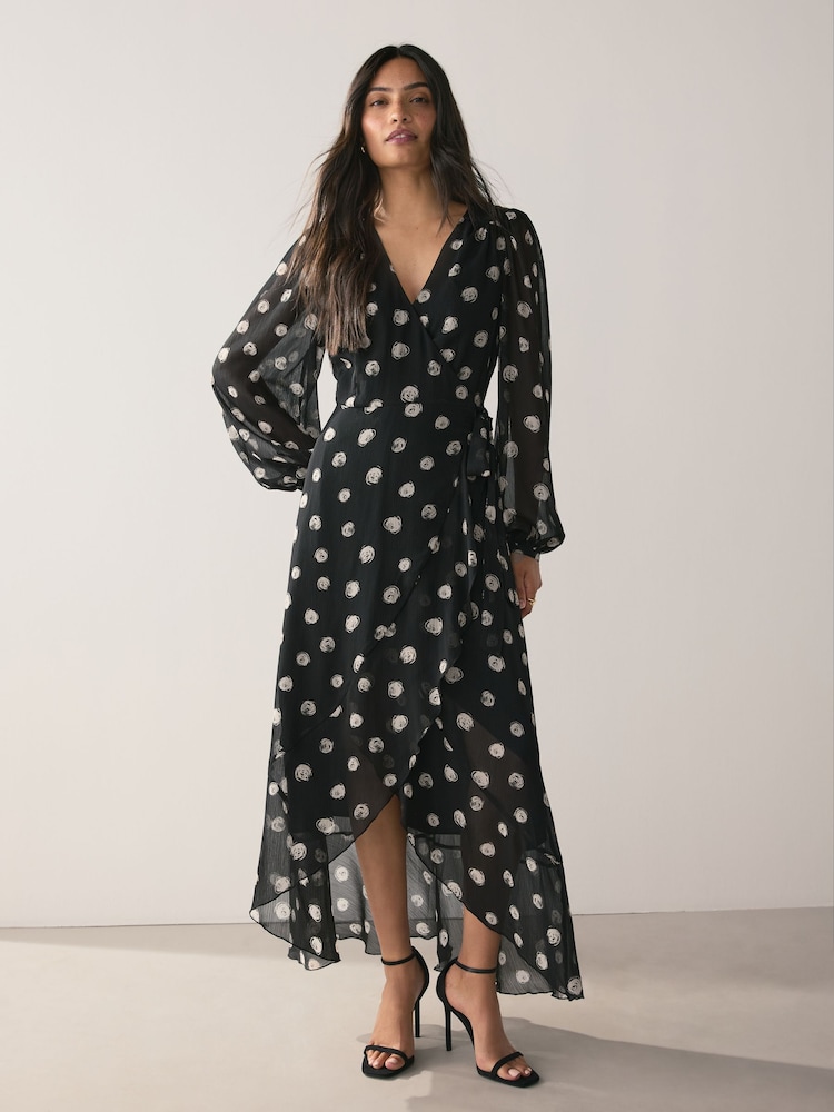 Black/White Spot Occasion Long Sleeve Wrap Midi Dress - Image 1 of 8 Black/White Spot Occasion Long Sleeve Wrap Midi Dress - Image 1 of 8